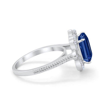 Halo Emerald Cut Engagement Ring Simulated Blue Sapphire CZ 925 Sterling Silver